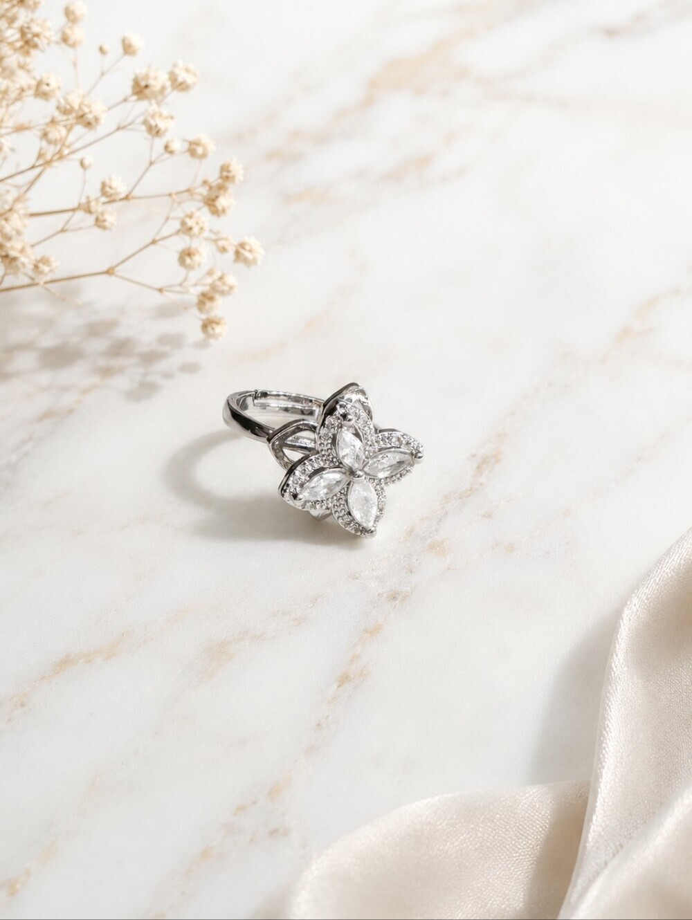 Rotating Anxiety Ring Adjustable Clover Zircon Silver Spinner Statement Ring